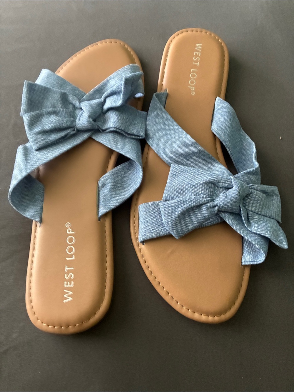 west loop denim blue knotted slide sandals
